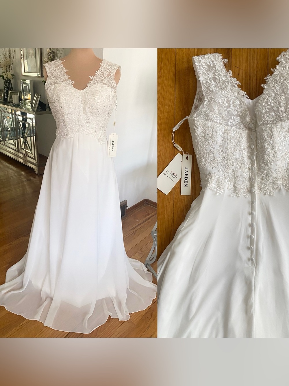 Jaeden Bridal White Wedding Dress *Size 8* Beaded Lace Chiffon Sleeveless Gown